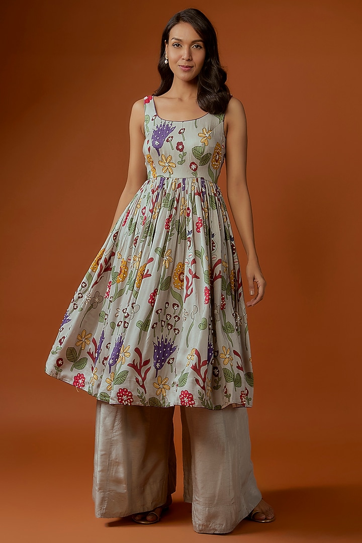 Grey Silk Floral Printed & Sequins Embellished Wedding Anarkali Set by Divya Kanakia at Pernia's Pop Up Shop