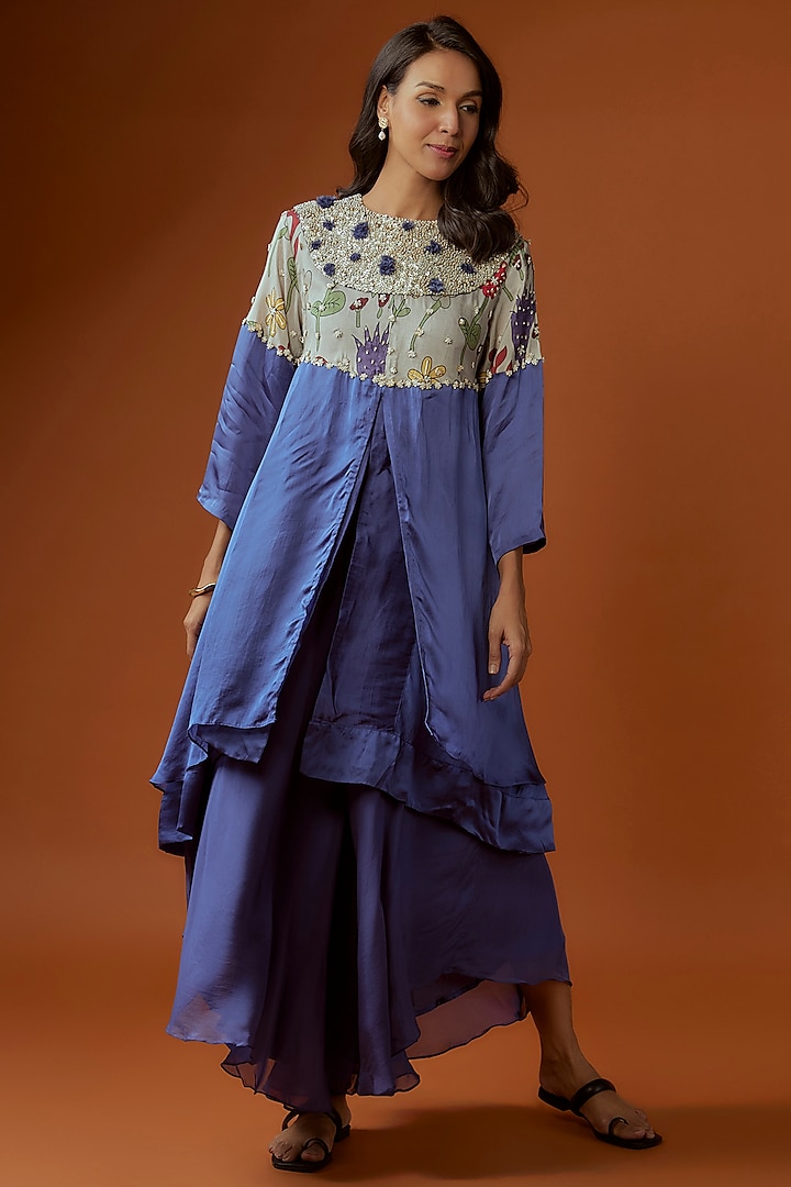 Midnight Blue Satin Organza Sequins Embroidered Asymmetric Layered Kurta Set by Divya Kanakia