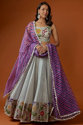 Grey Kota Tissue Printed Lehenga Set by Divya Kanakia