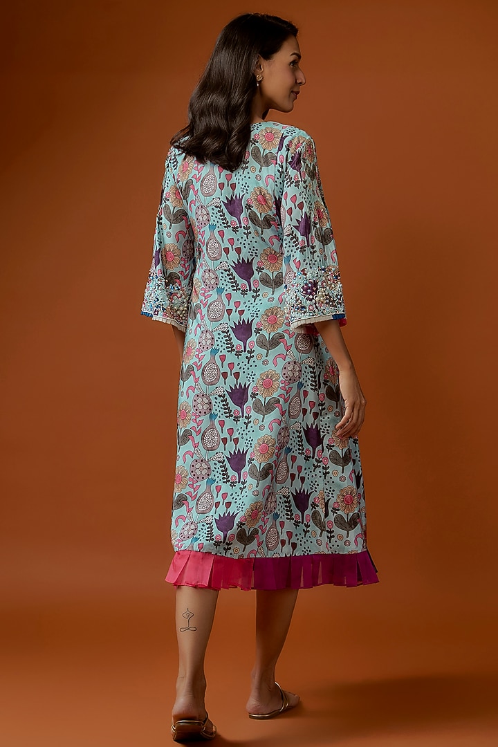 Sky Blue Crepe Blend & Organza Floral Printed Frilled Knee-length Vacation Dress by Divya Kanakia at Pernia's Pop Up Shop