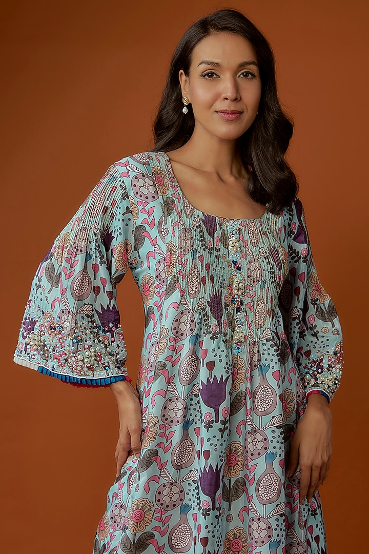 Sky Blue Crepe Blend & Organza Floral Printed Frilled Knee-length Vacation Dress by Divya Kanakia at Pernia's Pop Up Shop