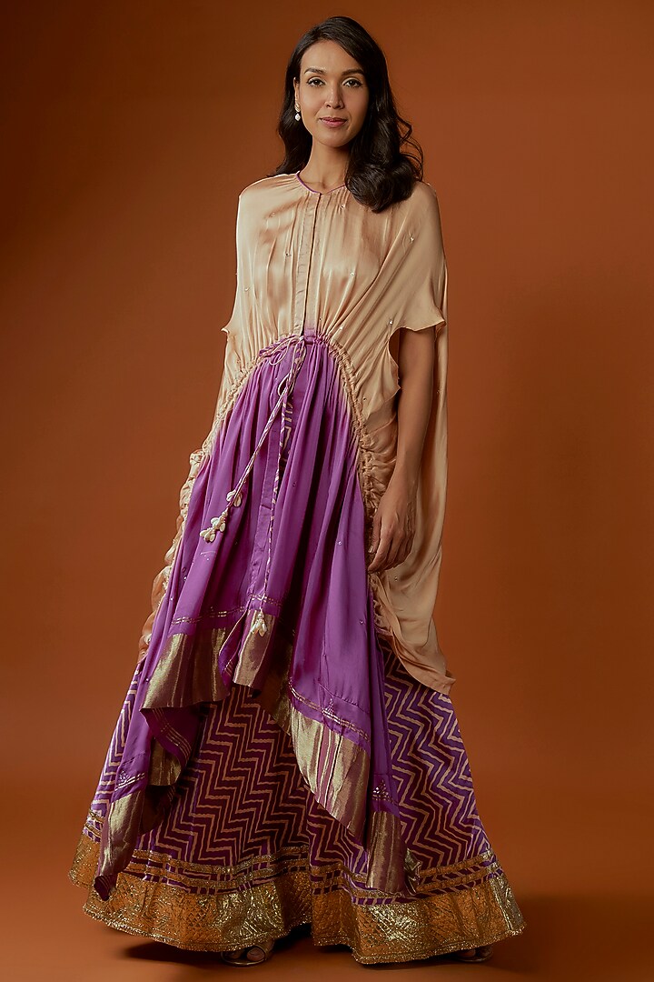 Magenta Gajji Silk Chevron Printed Jacket Lehenga Set by Divya Kanakia at Pernia's Pop Up Shop