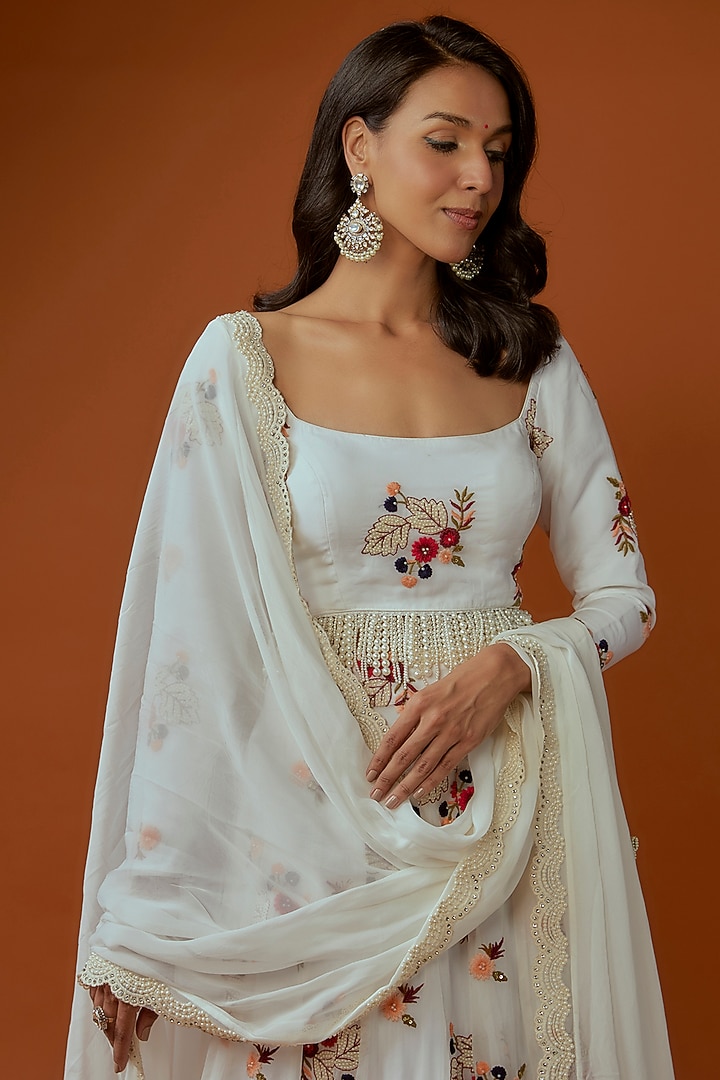 Off-White Georgette Pearl Embroidered Wedding Lehenga Set by Divya Kanakia at Pernia's Pop Up Shop