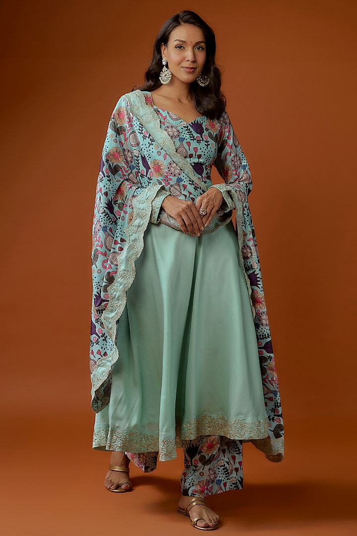 Sky Blue Silk Blend Zari Embroidered Flared Anarkali Set by Divya Kanakia