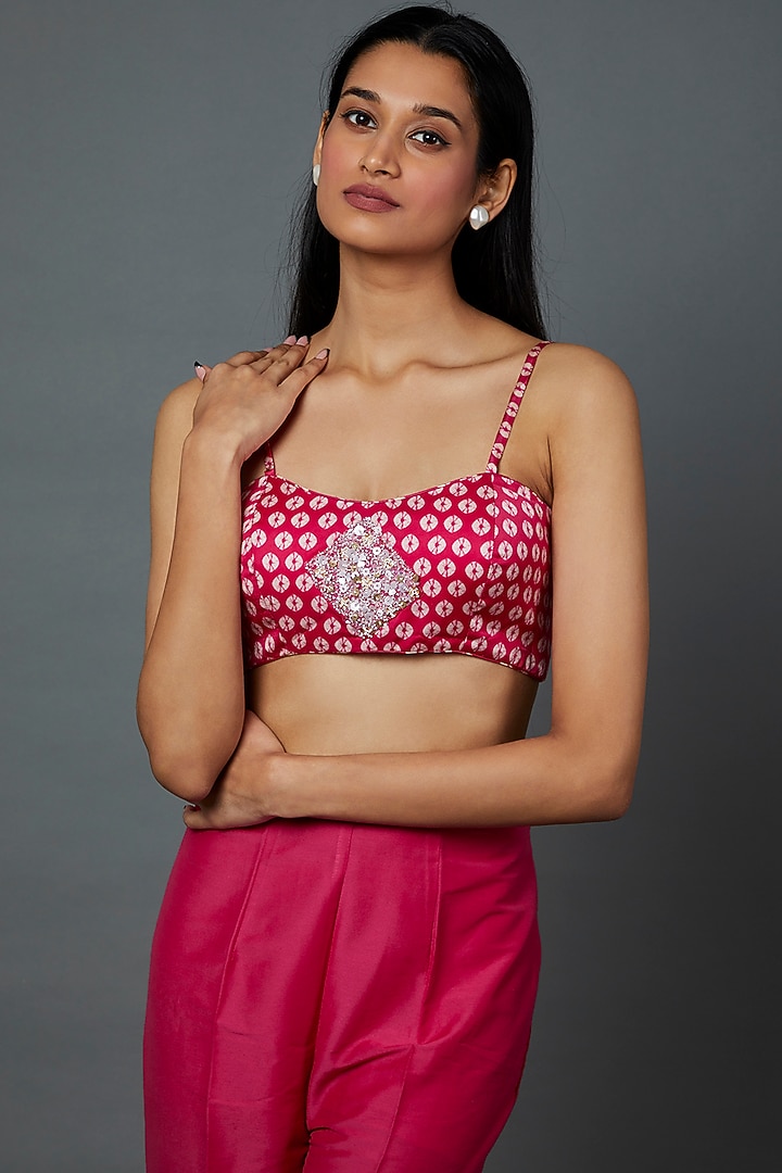 Rani Pink Satin Printed Blouse by Divya Kanakia at Pernia's Pop Up Shop