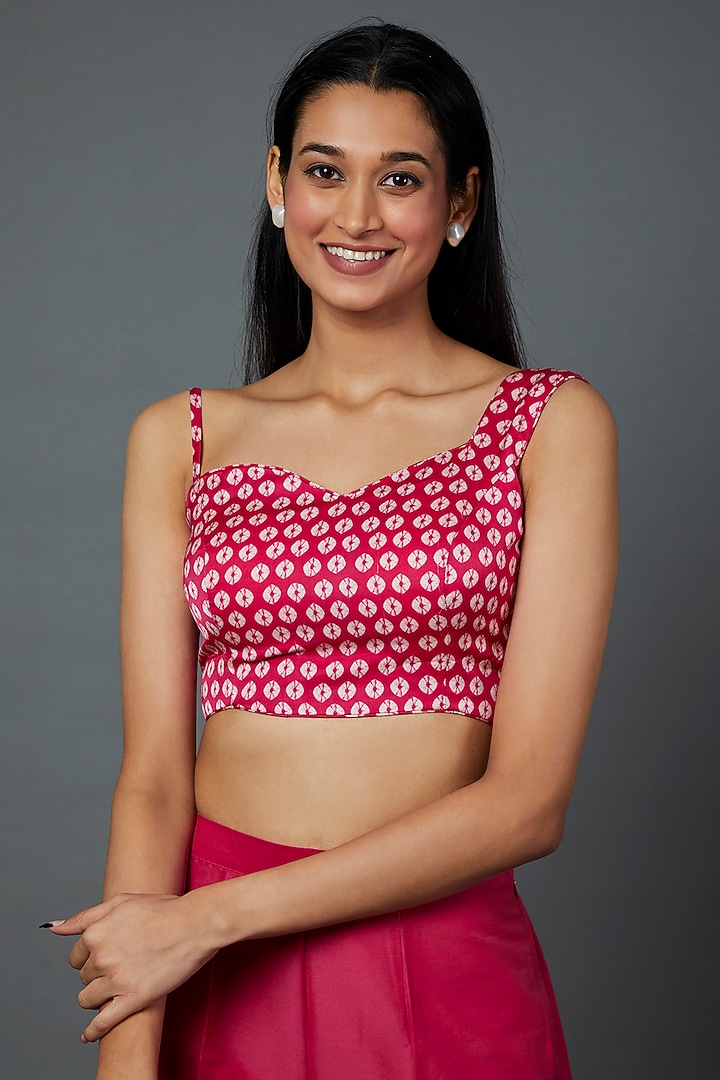 Rani Pink Satin Printed Blouse by Divya Kanakia at Pernia's Pop Up Shop