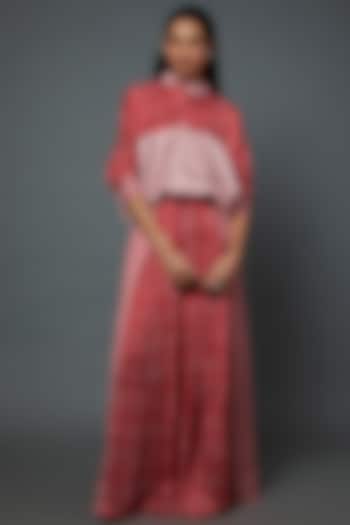 Red & Off-White Satin Printed Skirt Set by Divya Kanakia