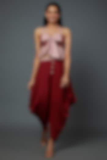 Red Satin Draped Dhoti Set by Divya Kanakia at Pernia's Pop Up Shop