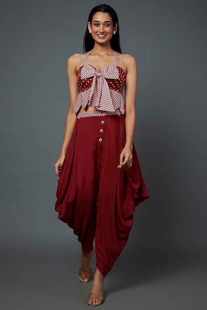 Red Satin Draped Dhoti Set by Divya Kanakia at Pernia's Pop Up Shop