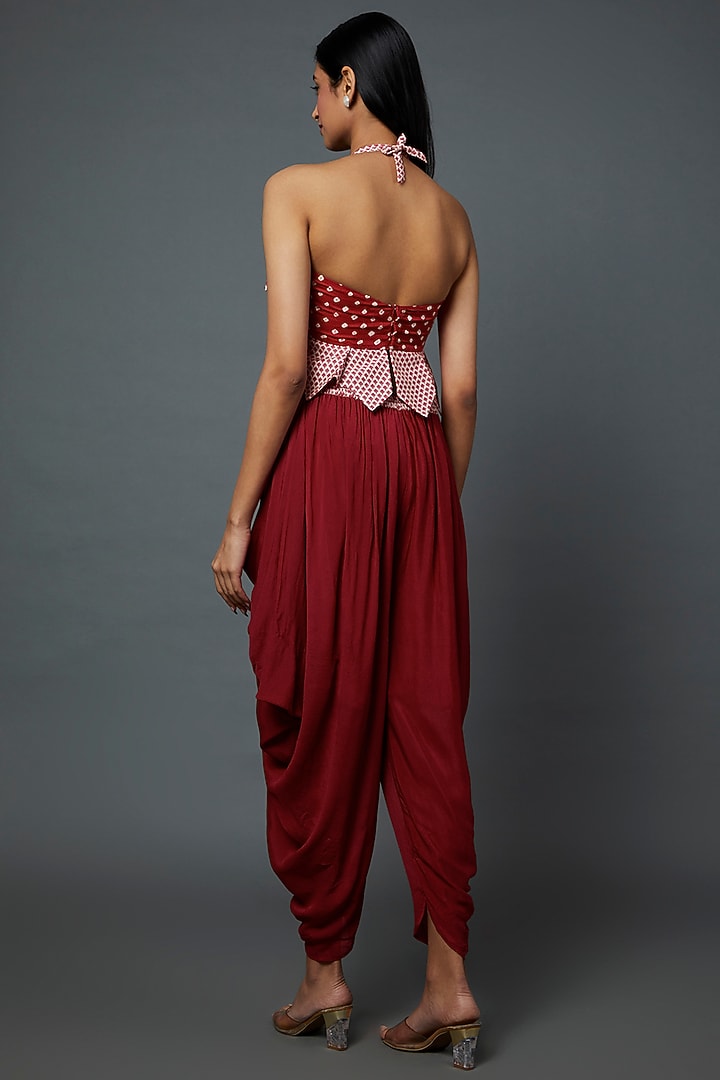 Red Satin Draped Dhoti Set by Divya Kanakia at Pernia's Pop Up Shop