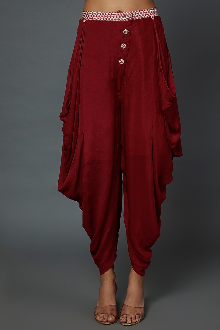 Red Satin Draped Dhoti Set by Divya Kanakia at Pernia's Pop Up Shop
