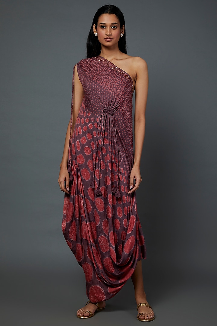 Brown & Maroon Bandhani Embellished One-Shoulder Dress by Divya Kanakia