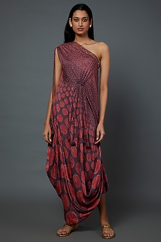 Brown & Maroon Bandhani Embellished One-Shoulder Dress by Divya Kanakia