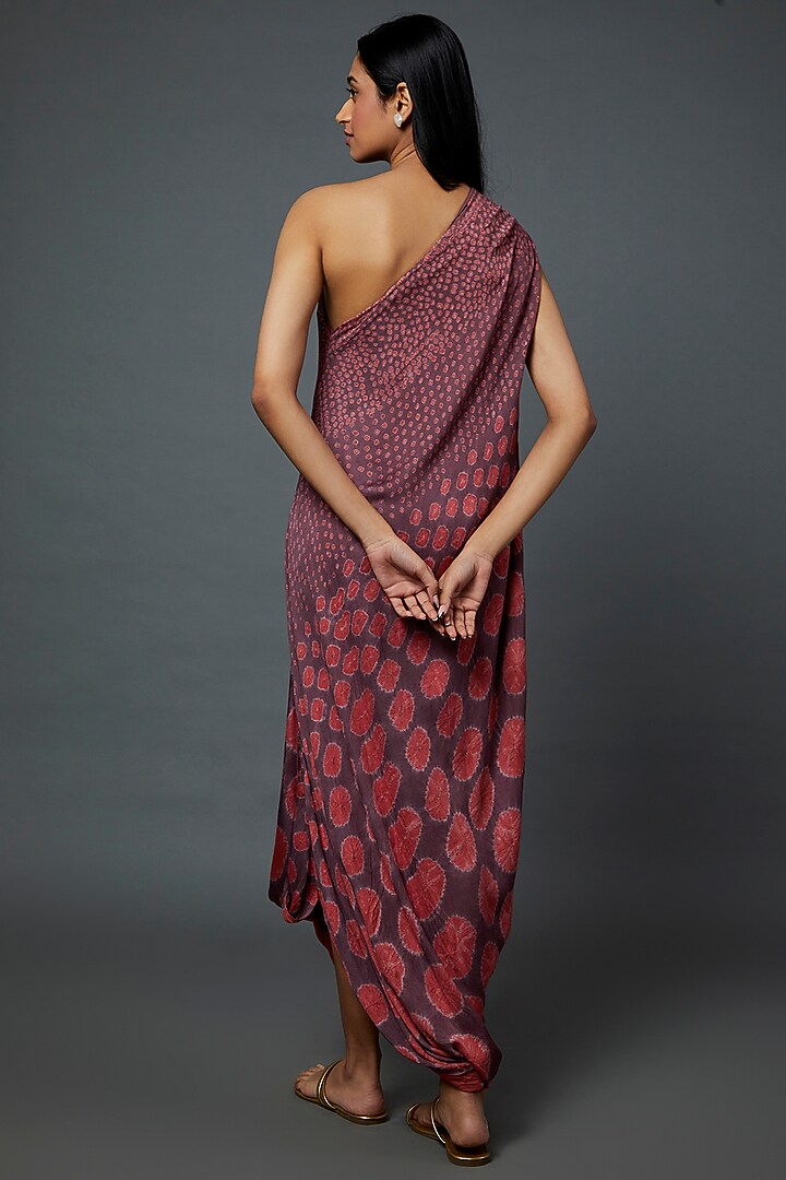 Brown & Maroon Bandhani Embellished One-Shoulder Vacation Dress by Divya Kanakia at Pernia's Pop Up Shop