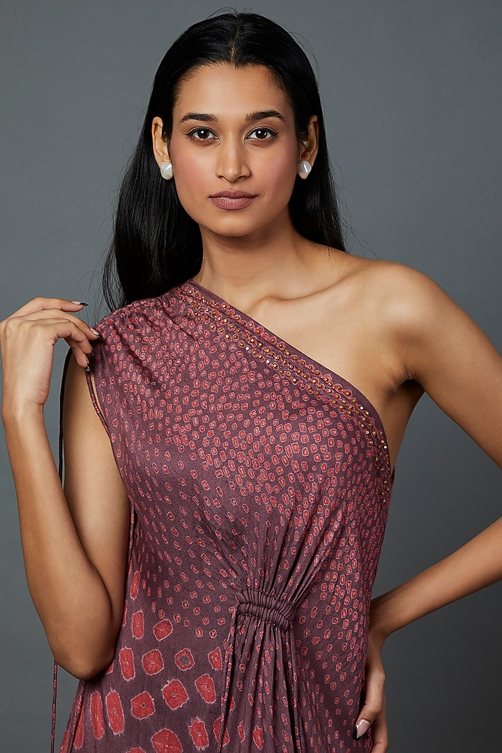 Brown & Maroon Bandhani Embellished One-Shoulder Vacation Dress by Divya Kanakia at Pernia's Pop Up Shop