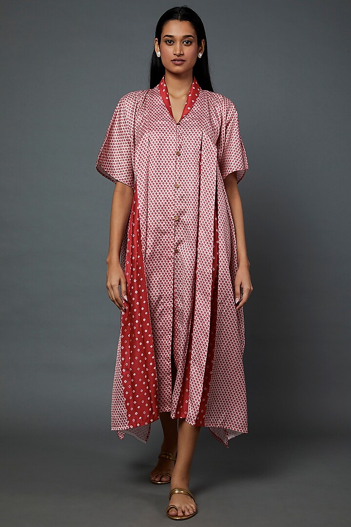 Pink & Off White Satin Printed Dress by Divya Kanakia
