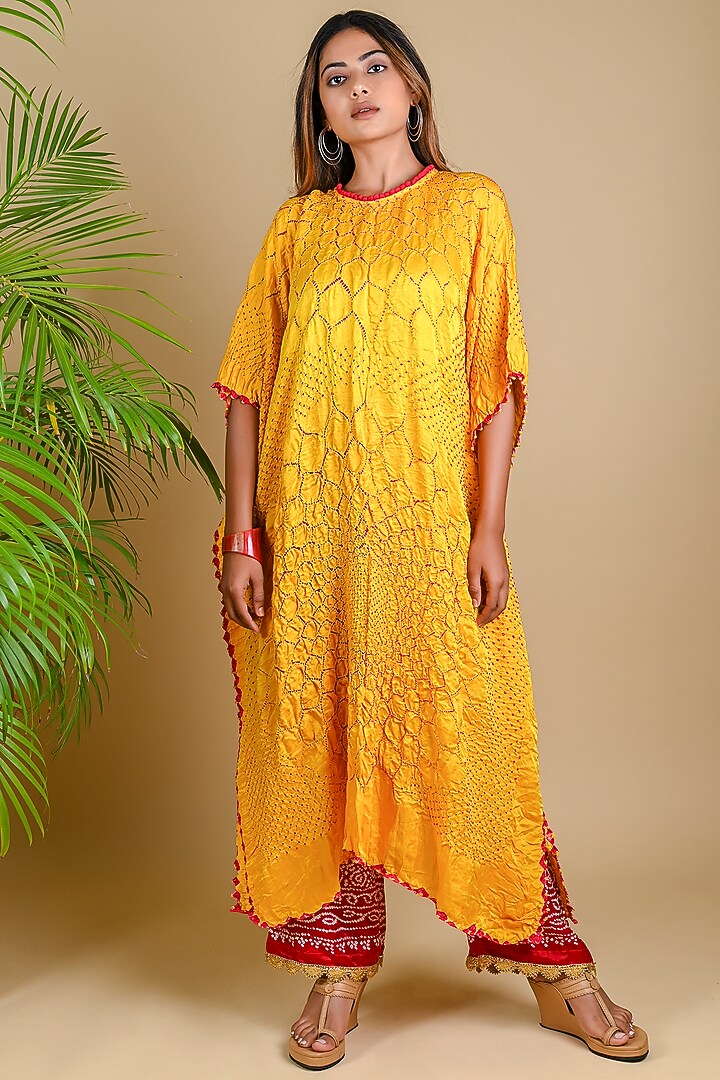 Yellow Gajji Silk Bandhani Kaftan by Dyelogue at Pernia's Pop Up Shop