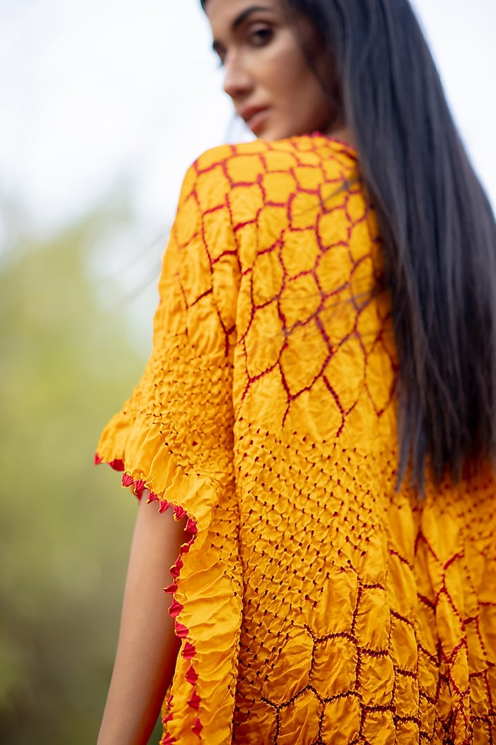 Yellow Gajji Silk Bandhani Kaftan by Dyelogue at Pernia's Pop Up Shop