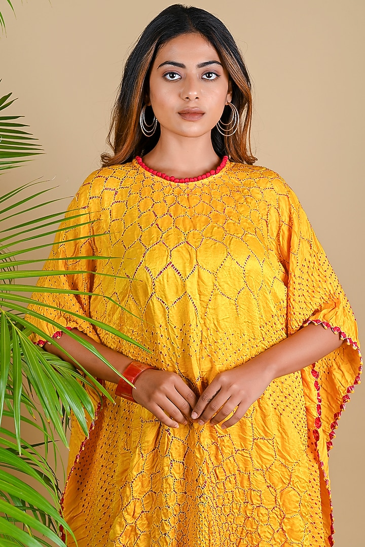 Yellow Gajji Silk Bandhani Kaftan by Dyelogue at Pernia's Pop Up Shop