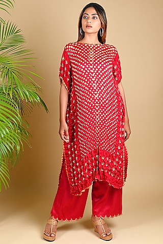 Red Gajji Satin Silk Pants by Dyelogue