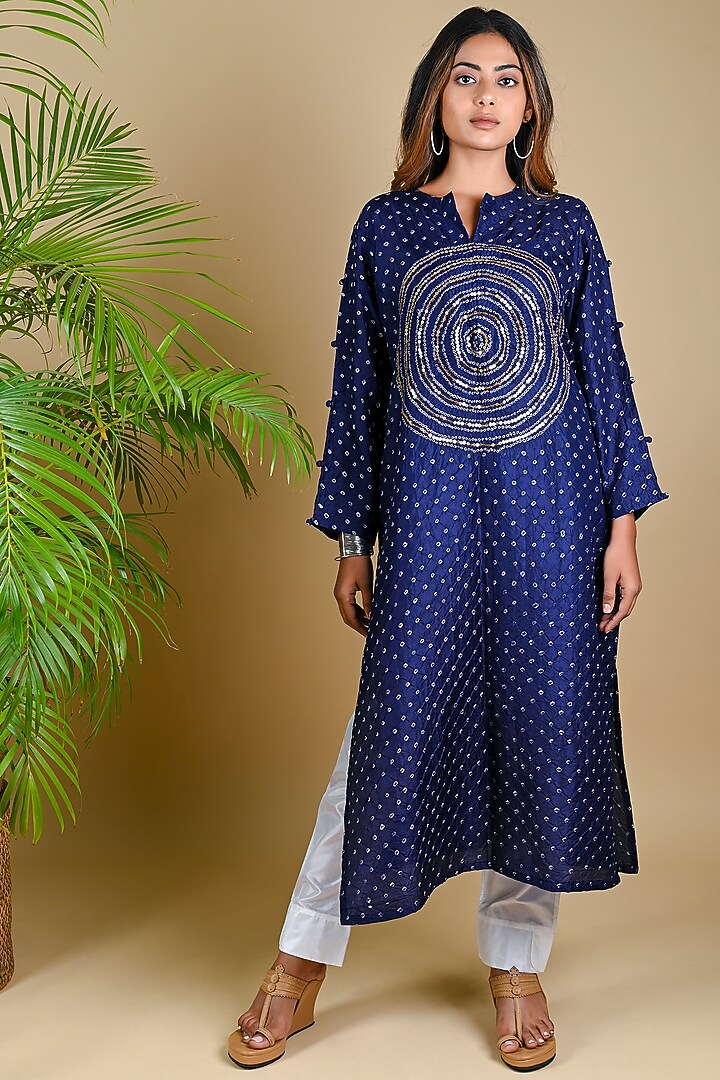 Indigo Blue Mulberry Silk Hand Embellished Straight Kurta by Dyelogue at Pernia's Pop Up Shop