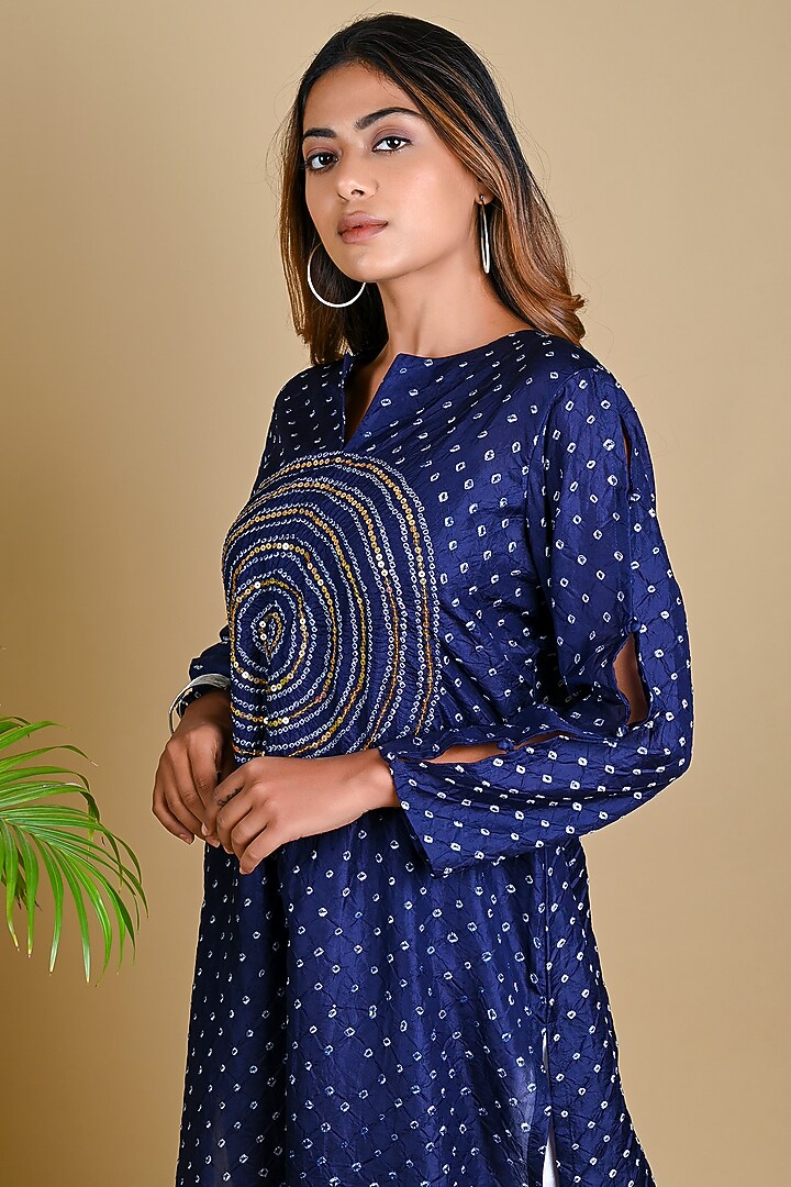 Indigo Blue Mulberry Silk Hand Embellished Straight Kurta by Dyelogue at Pernia's Pop Up Shop