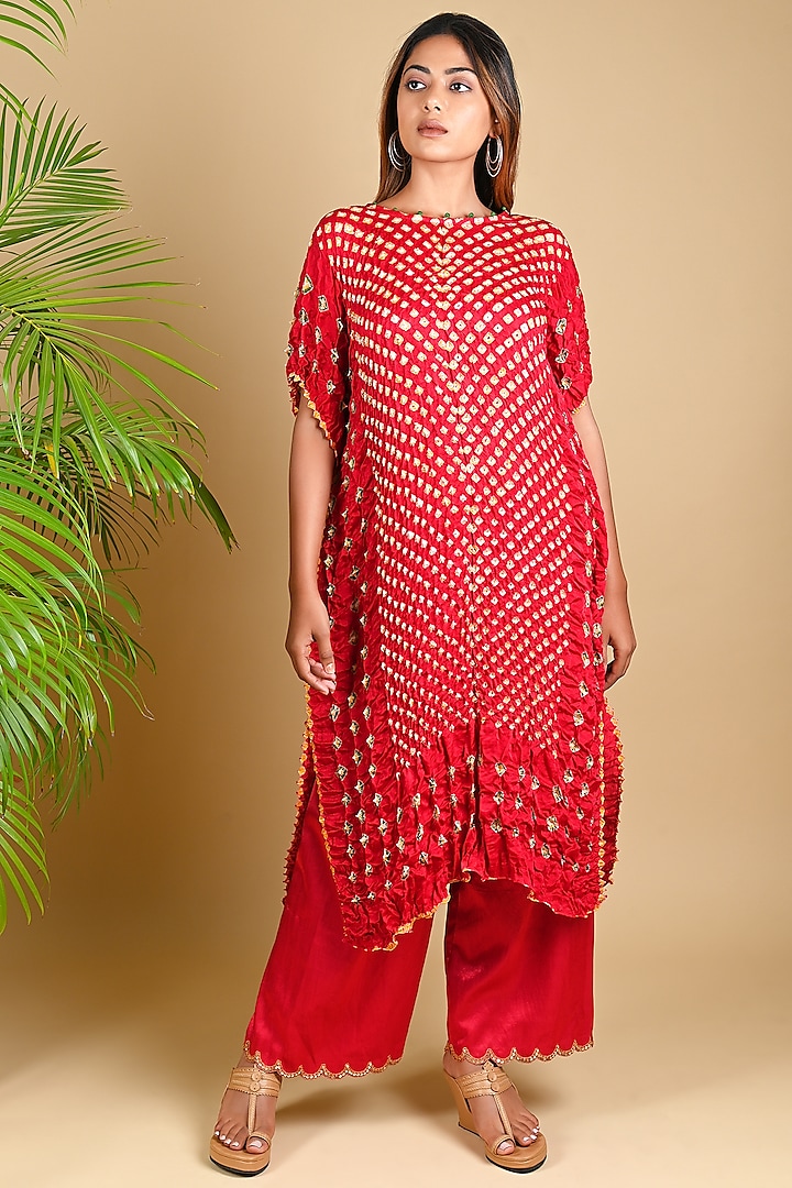 Red Gajji Silk Kaftan by Dyelogue at Pernia's Pop Up Shop