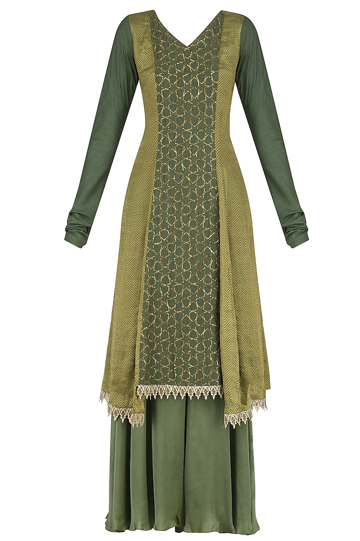 Moss Assymetrical Banarasi and Moonga Embroidered Kurta Set by Divya Gupta