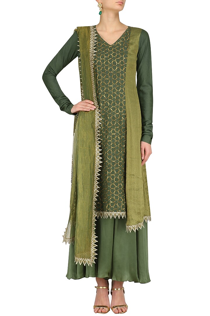 Moss assymetrical banarasi and moonga embroidered kurta set available only at Pernia's Pop Up Shop.