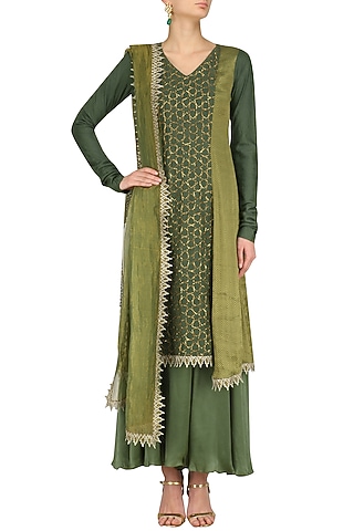 Moss Assymetrical Banarasi and Moonga Embroidered Kurta Set by Divya Gupta