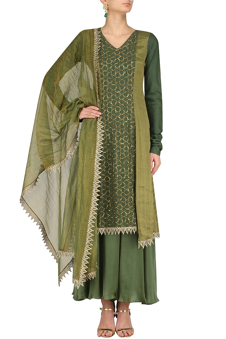 Moss assymetrical banarasi and moonga embroidered kurta set available only at Pernia's Pop Up Shop.