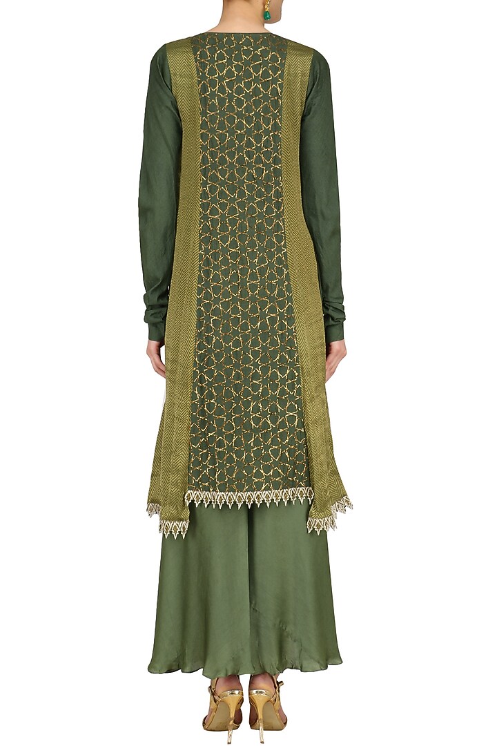 Moss assymetrical banarasi and moonga embroidered kurta set available only at Pernia's Pop Up Shop.