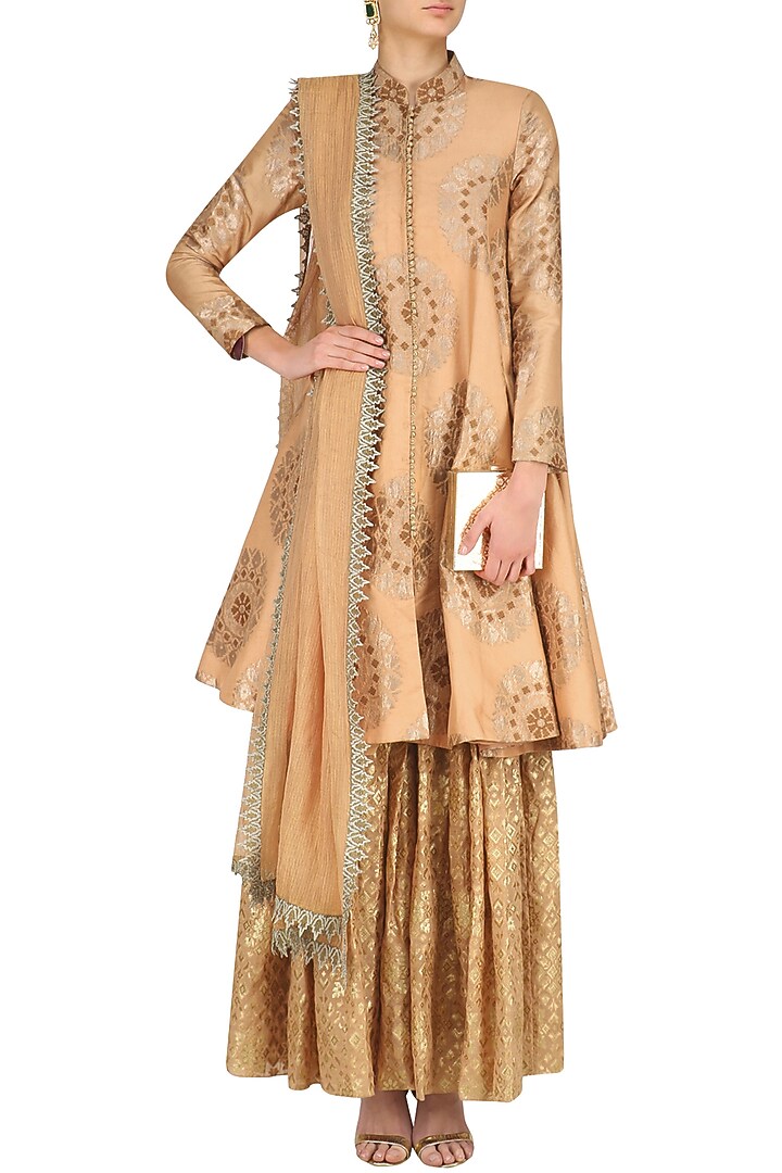 Flesh banarasi brocade jacket and sharara pants set available only at Pernia's Pop Up Shop.