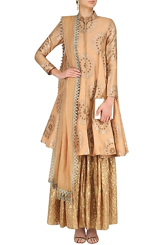 Flesh Banarasi Brocade Jacket and Sharara Pants Set by Divya Gupta