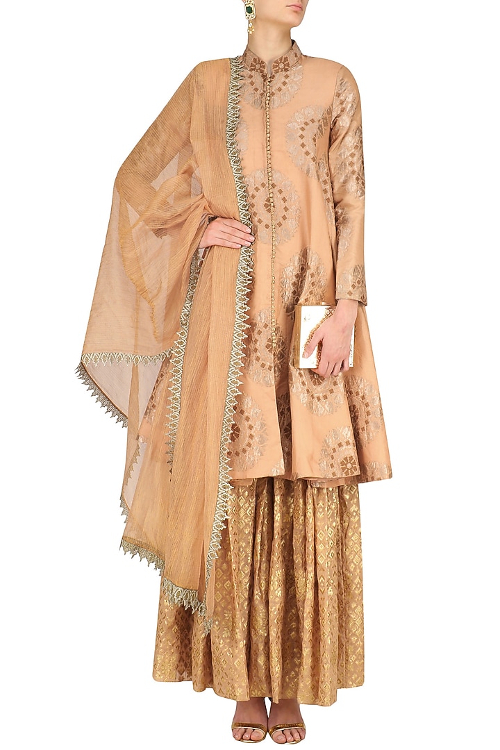 Flesh banarasi brocade jacket and sharara pants set available only at Pernia's Pop Up Shop.