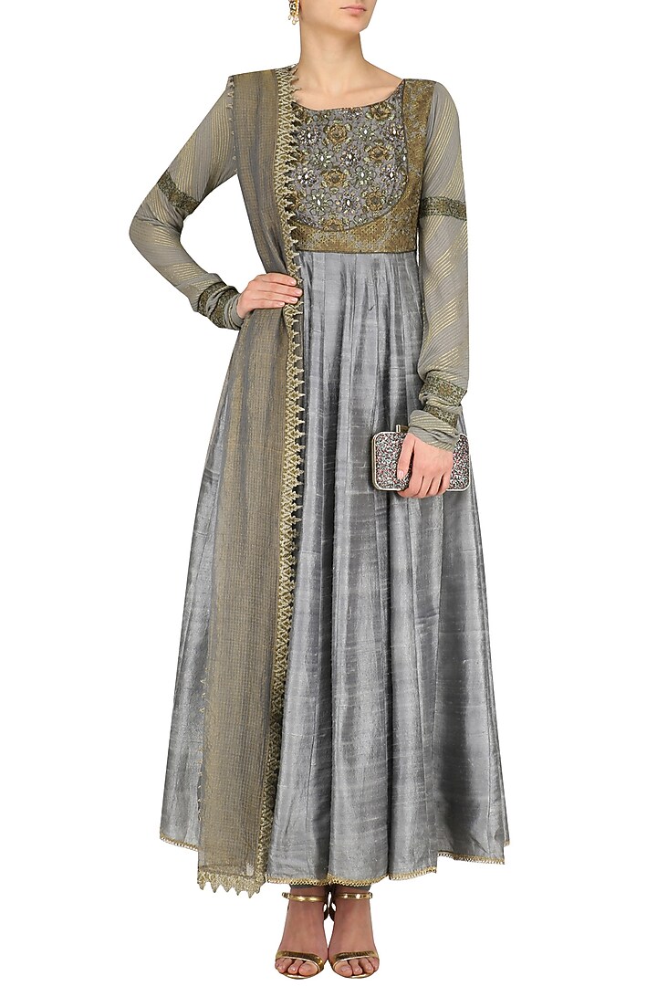 Grey zari embroidered kalidaar anarkali set available only at Pernia's Pop Up Shop.
