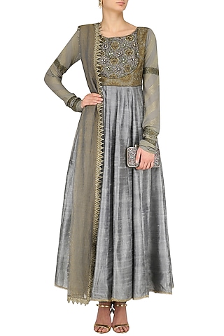 Grey Zari Embroidered Kalidaar Anarkali Set by Divya Gupta