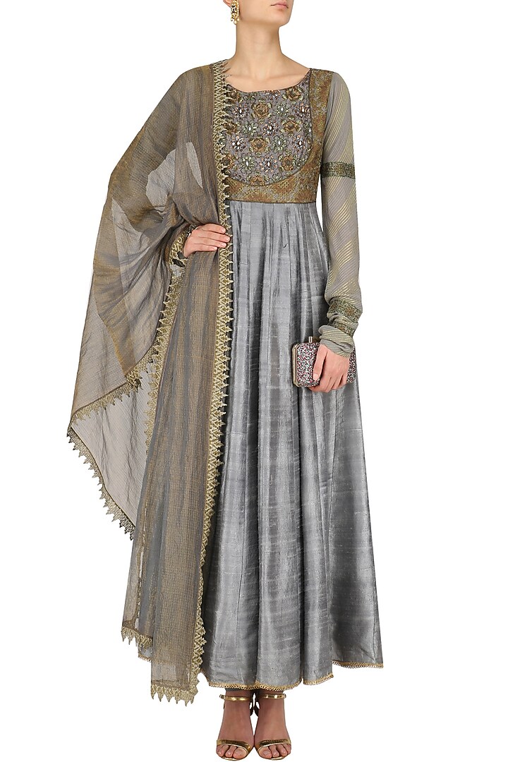 Grey zari embroidered kalidaar anarkali set available only at Pernia's Pop Up Shop.