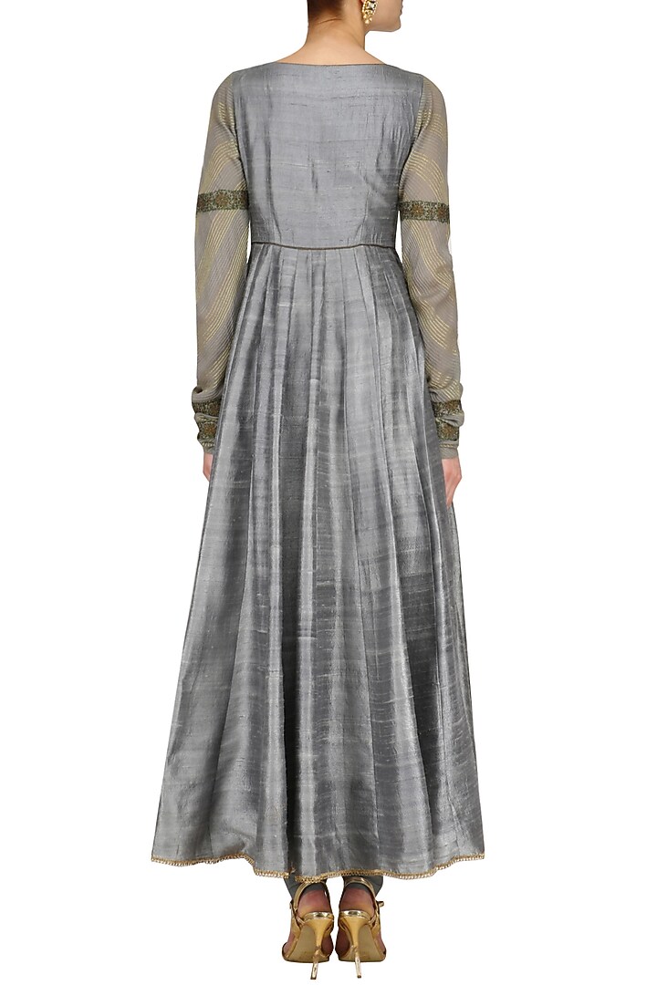 Grey zari embroidered kalidaar anarkali set available only at Pernia's Pop Up Shop.
