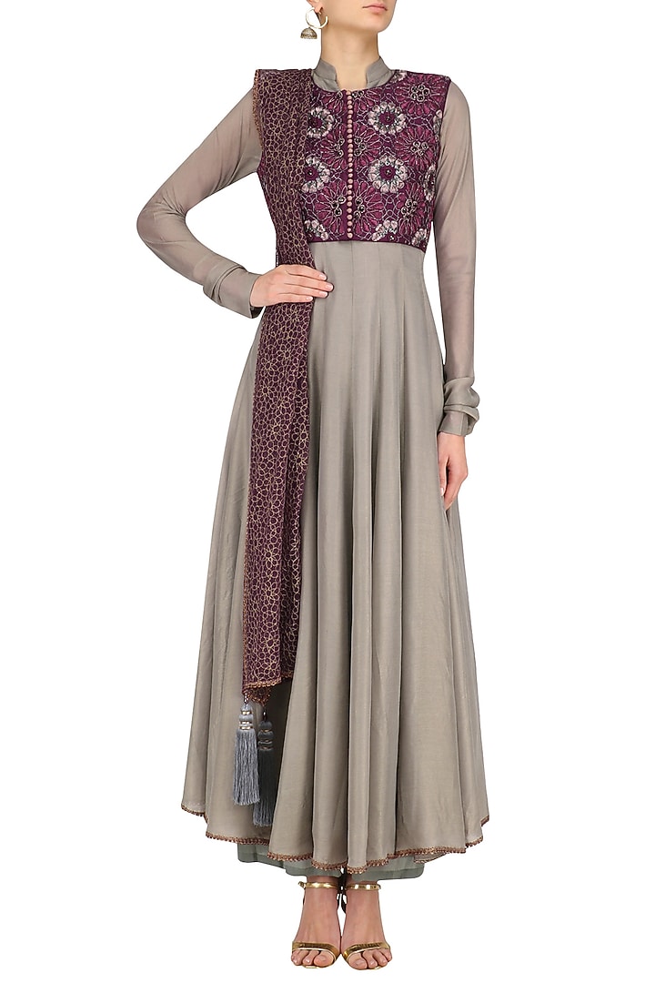 Grey and maroon banarasi anarkali set available only at Pernia's Pop Up Shop.