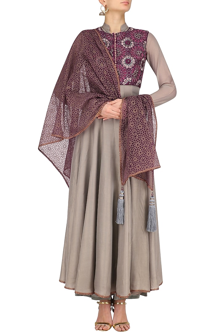 Grey and maroon banarasi anarkali set available only at Pernia's Pop Up Shop.