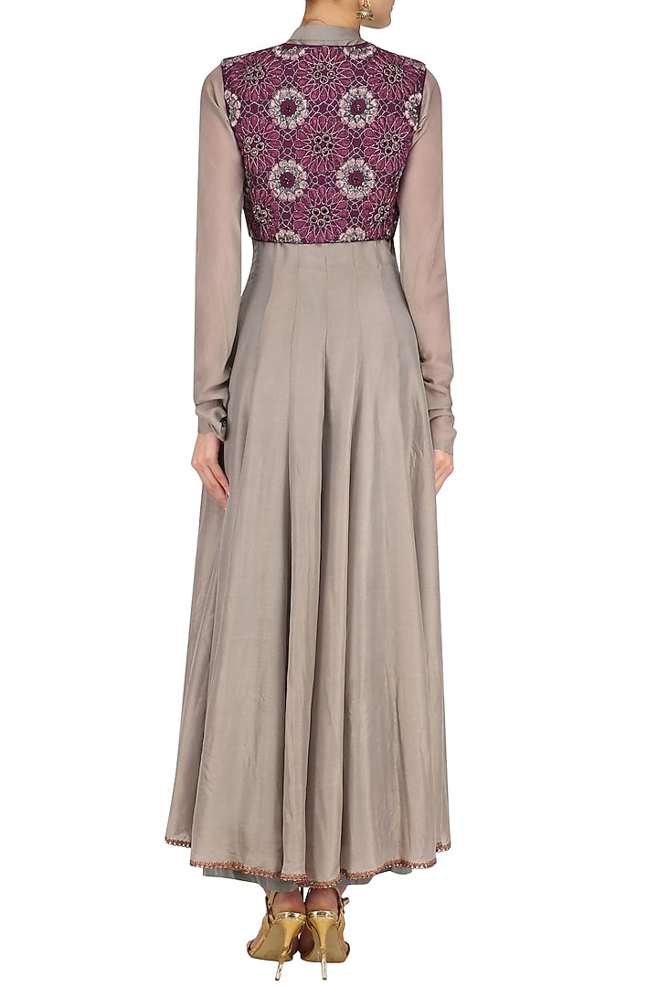 Grey and maroon banarasi anarkali set available only at Pernia's Pop Up Shop.