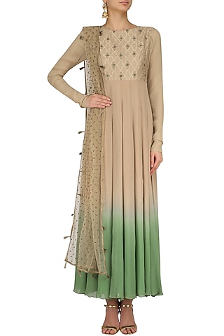 Grey Zardozi Embroidered Kalidaar Anarkali Set by Divya Gupta