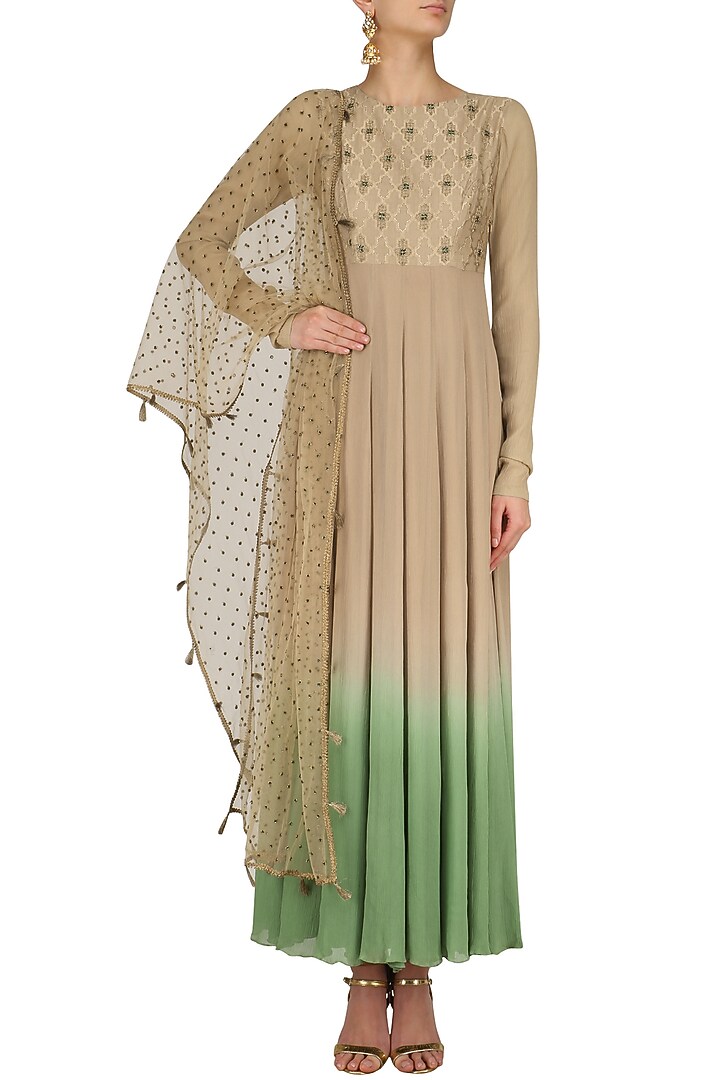 Grey zardozi embroidered kalidaar anarkali set available only at Pernia's Pop Up Shop.