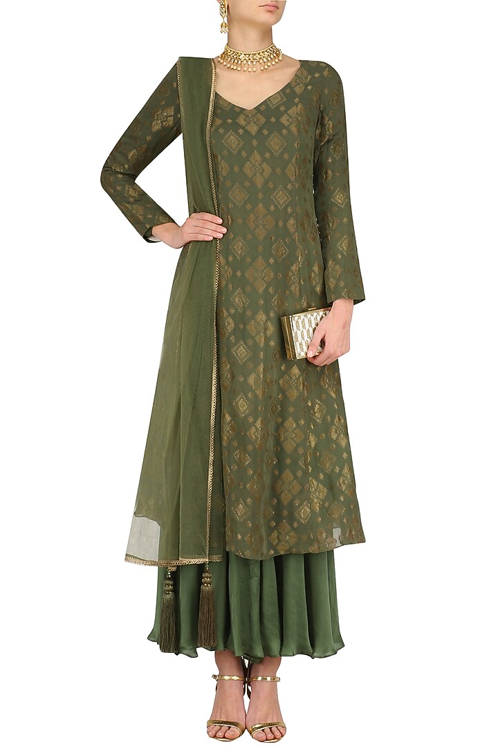 Moss badla embroidered moonga kalidaar kurta set available only at Pernia's Pop Up Shop.