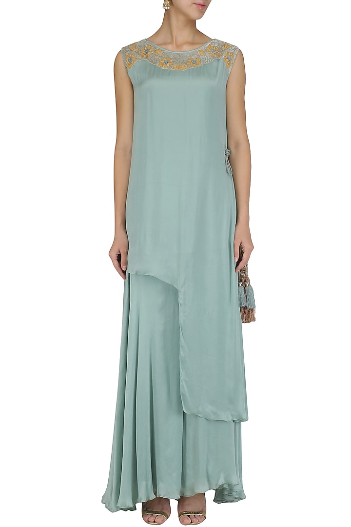 Aqua sage asymmetrical embroidered kurta and sharara set available only at Pernia's Pop Up Shop.
