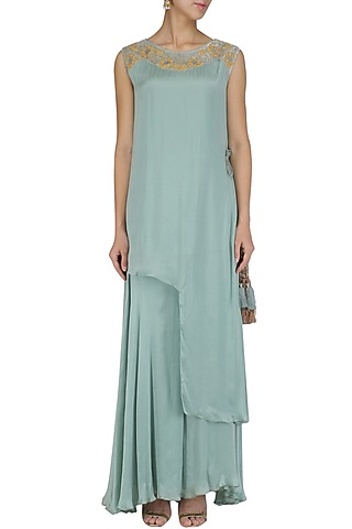 Aqua sage asymmetrical embroidered kurta and sharara set by Divya Gupta
