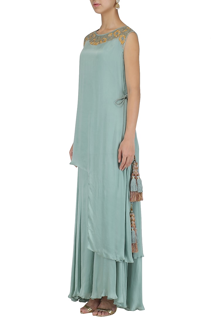 Aqua sage asymmetrical embroidered kurta and sharara set available only at Pernia's Pop Up Shop.