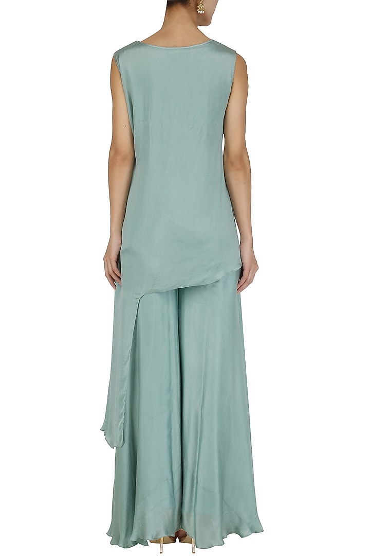 Aqua sage asymmetrical embroidered kurta and sharara set available only at Pernia's Pop Up Shop.