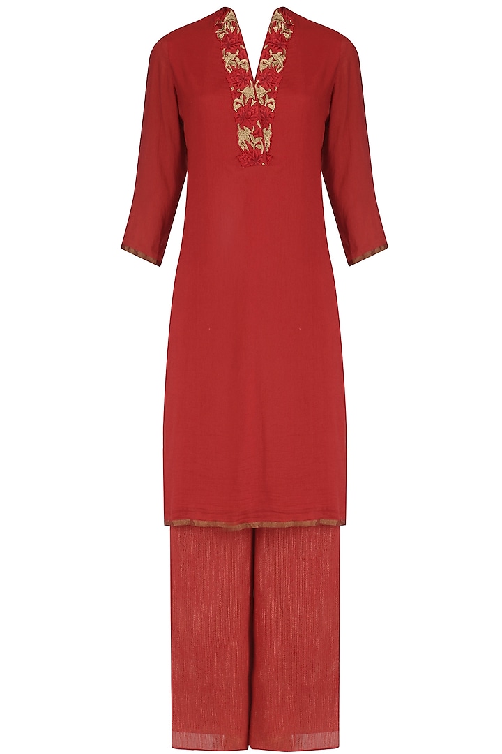 Red moonga embroidered straight kurta and palazzo set by Divya Gupta